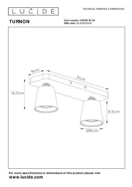 Lucide TURNON - Spot plafond - LED Dim to warm - GU10 - 2x5W 2200K/3000K - Noir - technique